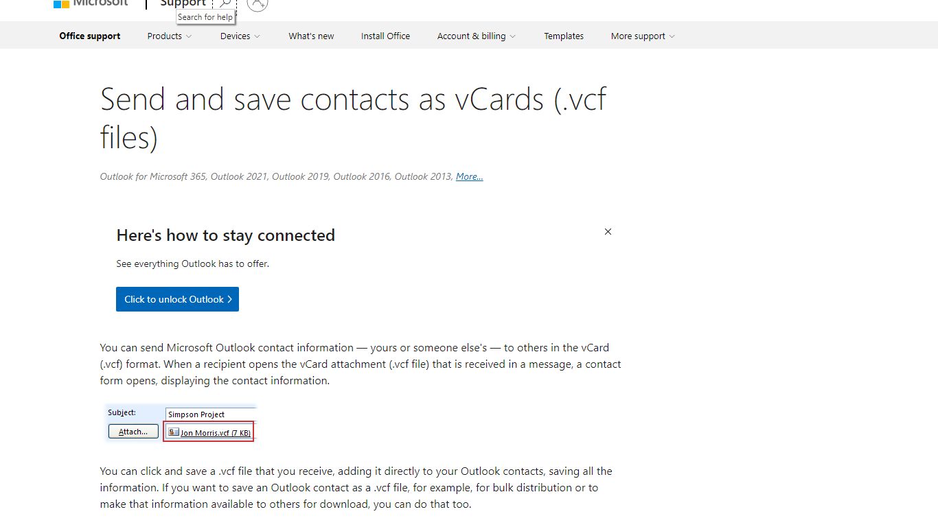 Send and save contacts as vCards (.vcf files)