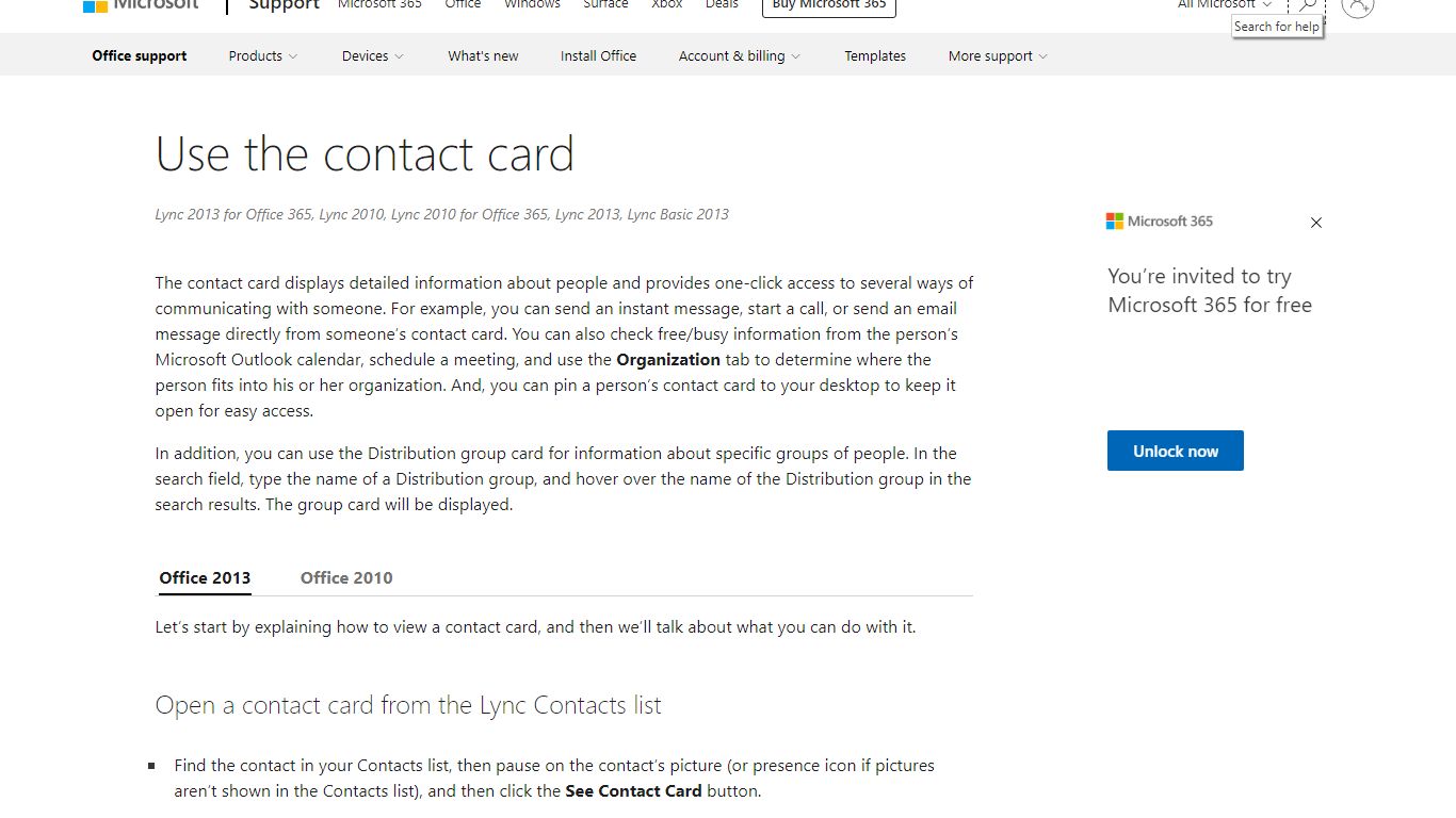Use the contact card - support.microsoft.com